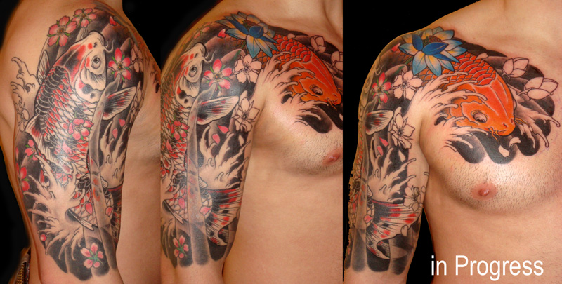 The inner bicep lotus and waves and some cherry blossoms remain to be done